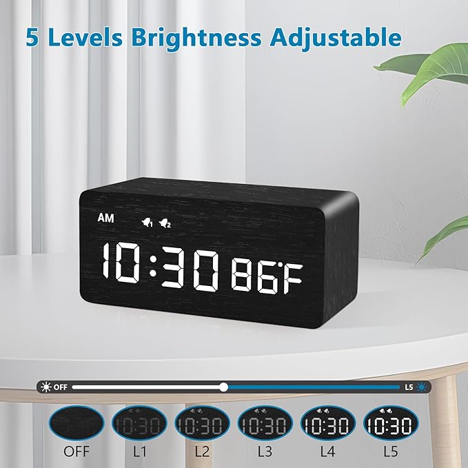 MOSITO Digital Wooden Alarm Clock with Wireless Charging, 0-100% Dimmer, Dual Alarm, Weekday/Weekend Mode, Snooze, Wood LED Clocks for Bedroom, Bedside, Desk, Kids (Black)