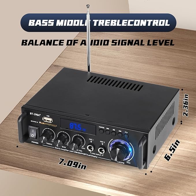 Stereo Audio Amplifier, 300W Home 2 Channel Wireless Bluetooth 5.0 Power Amplifier System, Home Amplifiers FM Radio, USB, SD Card, with Remote Control Home Theater Audio Stereo System