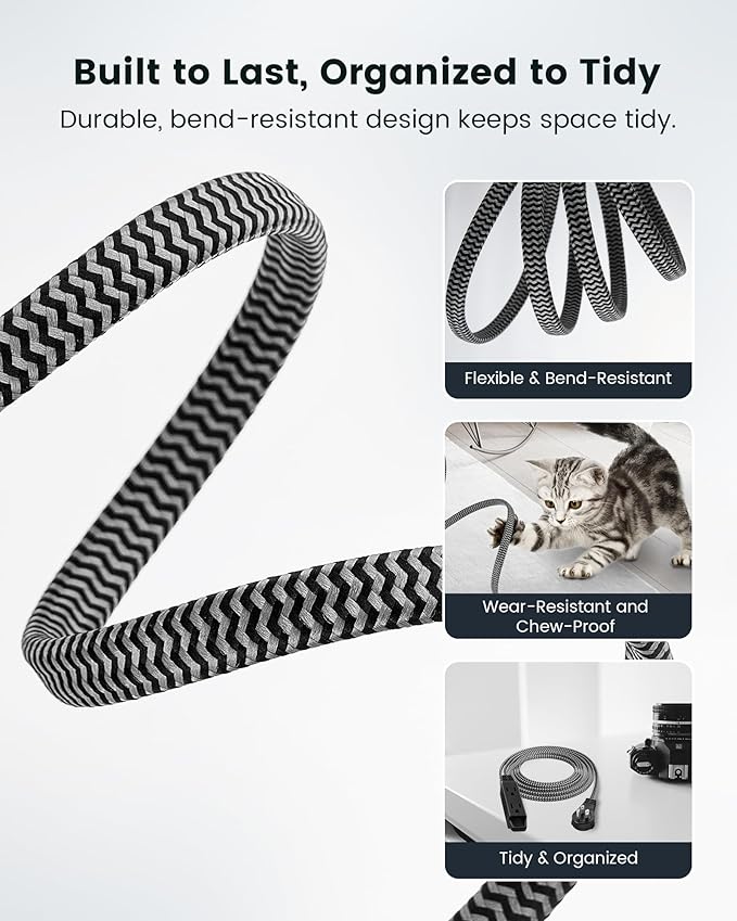 SURAIELEC 10FT 360° Rotating Flat Plug Extension Cord Flat Wall Plug with 3 Outlets, Braided Flat Black Extension Cord for Indoor Use, Small Space, 16/3C SPT, ETL Listed