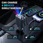 Car Charger with Starlight, 66W USB C Fast Car Chargers Adapter, 4 in 1 Retractable Car Charger with 2 USB Ports for iPhone16/15/14/13/12/11 and for Android (Black)