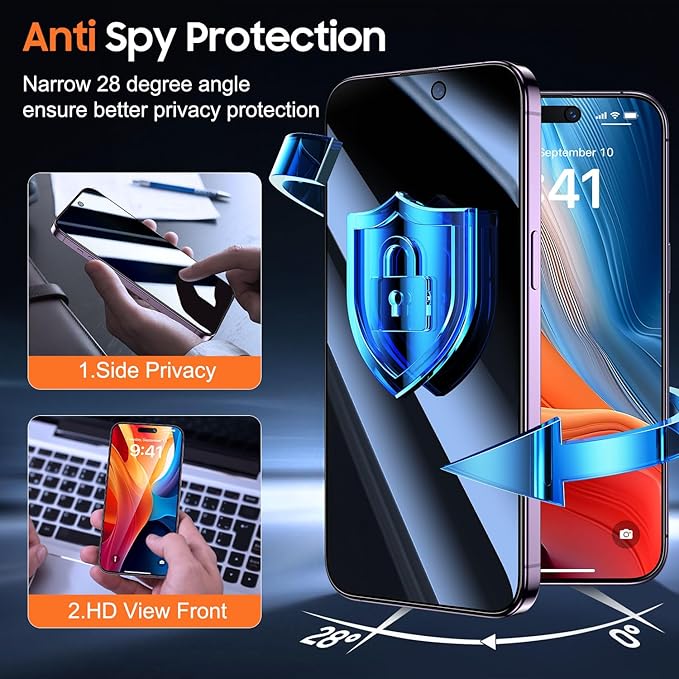 UniqueMe for iPhone 14 Pro Privacy Screen Protector - [Military Grade Shatterproof & 9H+ Hardness] Screen Protector 14 Pro Tempered Glass Full Coverage Protection, Easy to install, 2 Packs