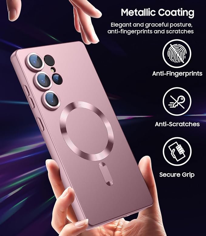 Magnetic for Samsung Galaxy S25 Ultra Case [Compatible with MagSafe][Built-in Camera Lens Protector] Slim Soft Silicone Bumper Shockproof Metallic Luster Phone Shell (Rose Gold)