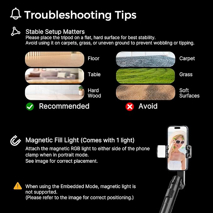 Auto Face Tracking Tripod & 360° Rotating Selfie Stick with Light, Smart AI Motion Sensor, Facial Recognition, 1-Axis Gimbal Stabilizer Phone Holder for iPhone/Android, TikTok Video Recording/Vlog
