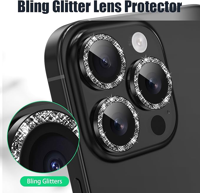 AGVEE 3+3 6 Pack for iPhone 16 Pro 6.3" / 16 Pro Max 6.9" Camera Lens Cover Protector, Bling Glitter & CD-Textured Metal Ring 9H Tempered HD Glass Camera Cover Protector Film, Glitter-Black
