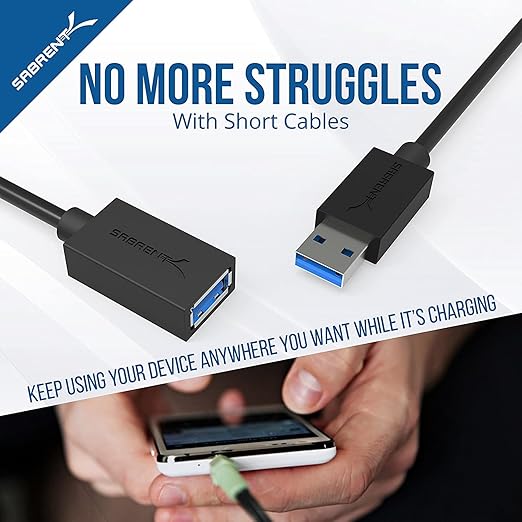 SABRENT 22AWG USB 3.0 Extension Cable A Male to A Female [Black] 3 Feet (CB-3030)