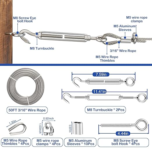TooTaci 3/16 Wire Rope Kit with M8 Turnbuckles for Cables Wire, 50ft Stainless Steel Cable, Clamps and Thimbles, 7x19 Strands Heavy Duty Aircraft Cable for Zipline, Deck Railing, Shade Sail