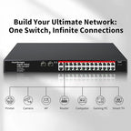 STEAMEMO 26-Port Gigabit Ethernet Switch | Smart Managed with 2 SFP Slots | QoS & VLAN Support | Rackmount/Desktop Metal Network Switch | Plug & Play Setup(Includes Power Adapter)