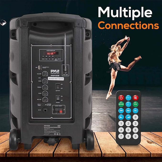 Pyle Portable Bluetooth PA Speaker System - 600W Bluetooth Speaker Portable PA System W/ Rechargeable Battery, Party Lights, MP3/USB SD Card Reader, Rolling Wheels - Pyle PPHP1044B