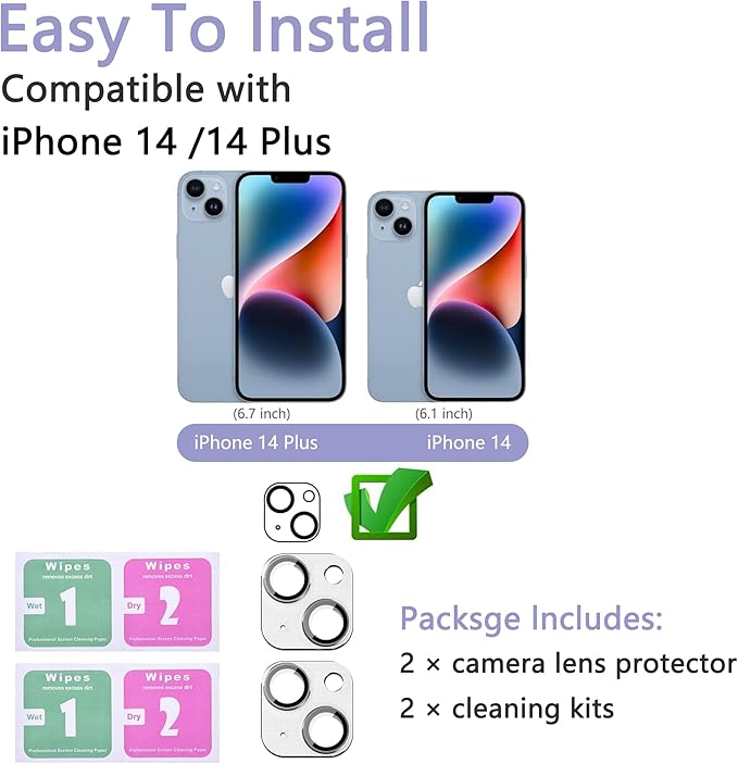 2 Pack Camera Lens Protector for iPhone 14 / iPhone 14 Plus,[Not Easy to Breakn ] AR Tempered Glass Strong Adsorption Metal Camera Cover Screen- silvery