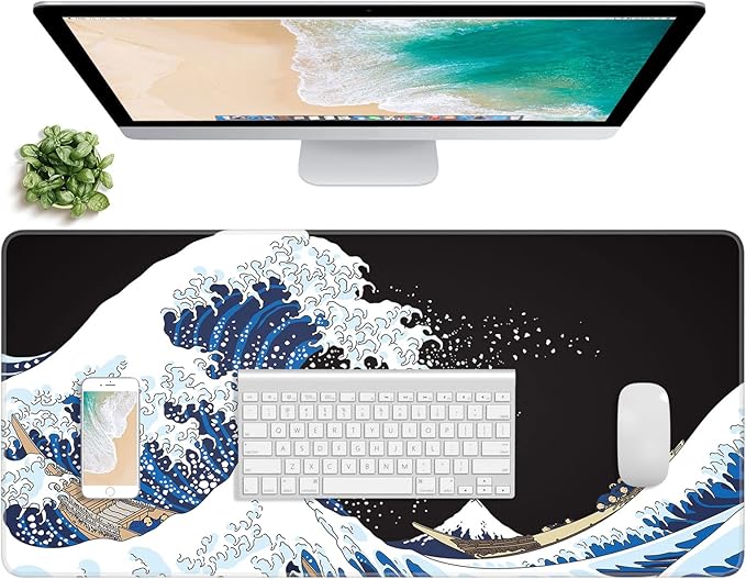Extended Gaming Mouse Pad, XXL Large Desk Pad 30 x 14 Inch, Big Computer Keyboard Mousepad, Waterproof Mouse Mat with Stitched Edges and Non-Slip Base for Women Office Gaming, Sea Waves