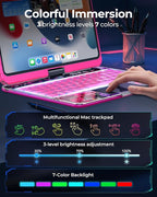 SIEBITU Clear Wireless Keyboard Case for iPad Air 13-inch (M3 2025/M2 2024) & iPad Pro 12.9-inch 6th 5th 4th 3rd Gen with Pencil Holder, Multi-Touch Trackpad & 7-Color Backlit, 360°Rotating, Pink