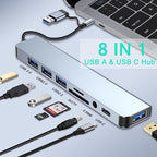 USB C Hub USB Hub 3.0, VIENON Aluminum 8 in 1 USB Extender with SD/TF Card Reader, 3.5mm Aux Headphone Jack for MacBook Pro Air and More PC/Laptop/Tablet Devices