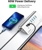 ORICO 7 Port USB Hub 10Gbps, Aluminum USB 3.2 Gen 2 Hub, 6 USB 3.2 Data Ports, 1 PD 60W Ports, 24V 3A Power Adapter, 3.28Ft A to C Cable, USB Data Hub for Laptop