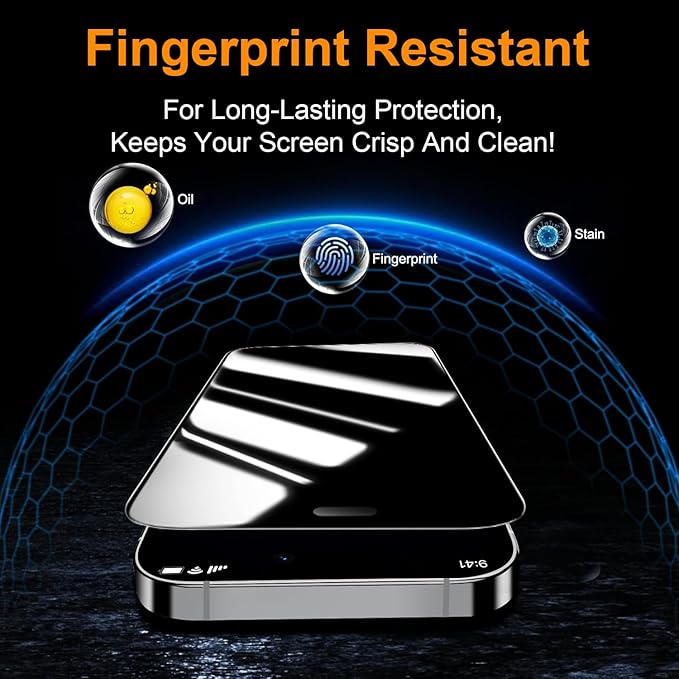 OneFish 2 Pack Privacy Screen Protector for iPhone 14 Pro - 4-Way 360° Anti-Spy Tempered Glass, 9H Hardness, 3D Curved Edges, Case-Friendly & Easy Installation