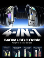 LISEN 240W USB-C Charge Cable, Soft USB C Cable, 4 in 1 Charging Cable (6.6FT) with Light, USB A/C to C/L Multi Charging Cable for iPhone 16 15 14 13 12 Pro Max, MacBook, iPad, Samsung, Black