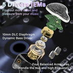 BASN Bmaster5 in Ear Monitors, 1DLC Diaphragm+4BA 5 Drivers Drummers Headphones with Silver-Plated OFC Cable, Noise Isolation IEM Earbuds for Musicians (Midnight Black)