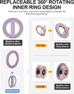 EWA MagOne Ultra Phone Grip Stand with Replaceable Elastic Finger Loop, Removable Magnetic Ring Holder Kickstand Loop, Accessories for iPhone 16, 15, 14, 13 Pro/Max/Plus (Purple)