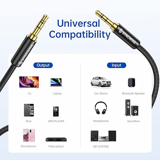 Syncwire Long Aux Cable 6.5Ft- Auxiliary Audio Cable for Headphones, Car, Home Stereos, iPhone/Ipad iPod/Echo Dot, Galaxy S8/ Galaxy Note 8/ Smartphones & More - Black