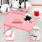CloudTrip Plus XL Adjustable 17in Laptop Desk with Light, USB Port, iPad Holder, Drawer Storage - Larger 23.6IN Adjustable Lap Desk for Bed, Home Office, Breakfast Tray, Fordable Legs Desk (Pink)