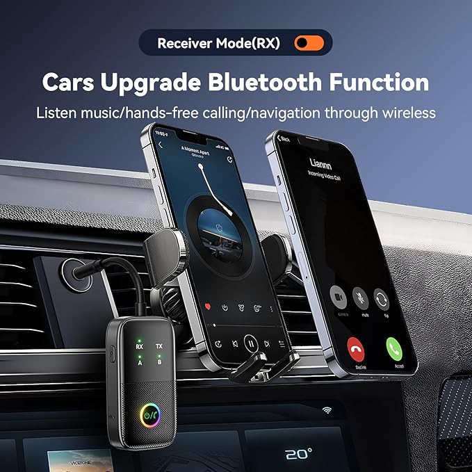 A5 Pro Bluetooth Transmitter Receiver,2-in-1 Airplane Bluetooth Adapter for Airplanes,TVs,Gyms,Supports Connecting 2 AirPods/Headphones,Low Latency and HD for Car/Home Stereo