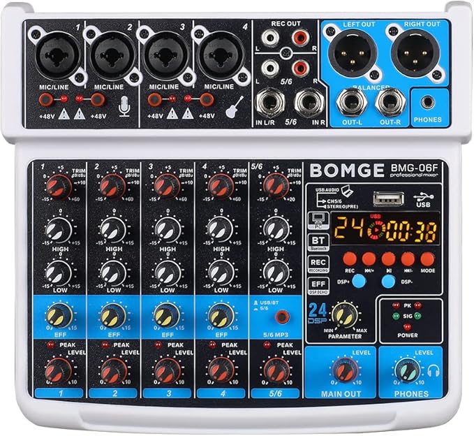 BOMGE 6 Channel mini DJ Audio sound mixer console with USB interface, Bluetooth, Stereo Recording, 48V Phantom Power, 24 DSP effects for karaoke, singing, live，streaming，pc recroding. (white)