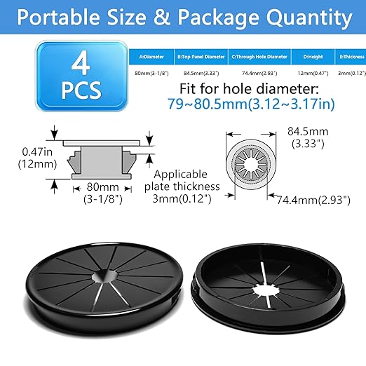 4 Pcs Cable Grommet, Snap Bushing 3-1/8" (80 mm) Mounting Diameter, Flexible Petal-Shaped Buckle Round Nylon Desk Grommet for Wires Through Countertop Cord Organizer and Protection, Black