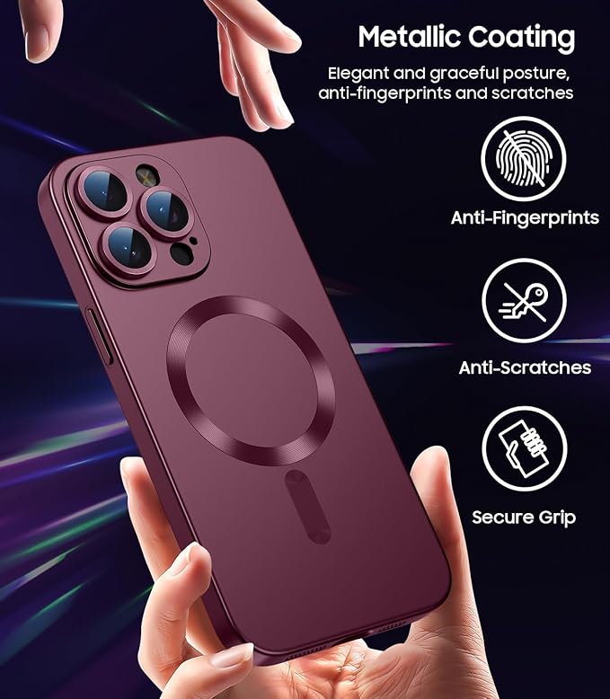 Magnetic for iPhone 15 Pro Max Case [Compatible with MagSafe][Built-in Camera Lens Protector] Slim Soft Silicone Bumper Shockproof Metallic Luster Phone Case (Burgundy)