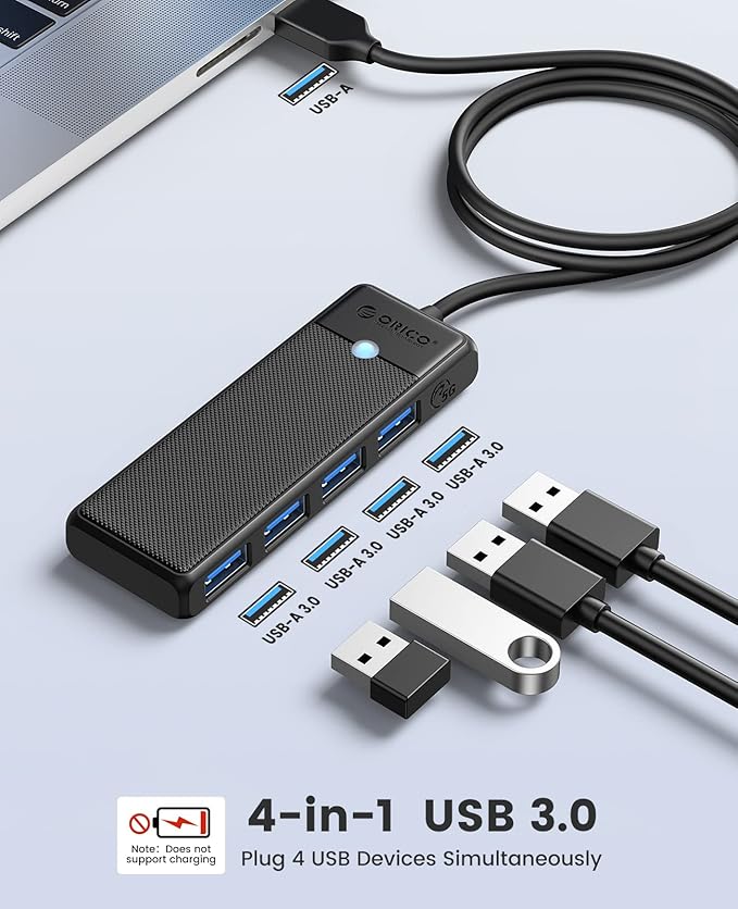 USB 3.0 Hub, ORICO 4-Port USB Hub with 3.3FT Long Cable, Ultra Slim USB Splitter for Laptop for MacBook, Mac Pro, iMac, Surface Pro, XPS, PS5，PC, Flash Drive, Mobile HDD(Black/3.3ft)