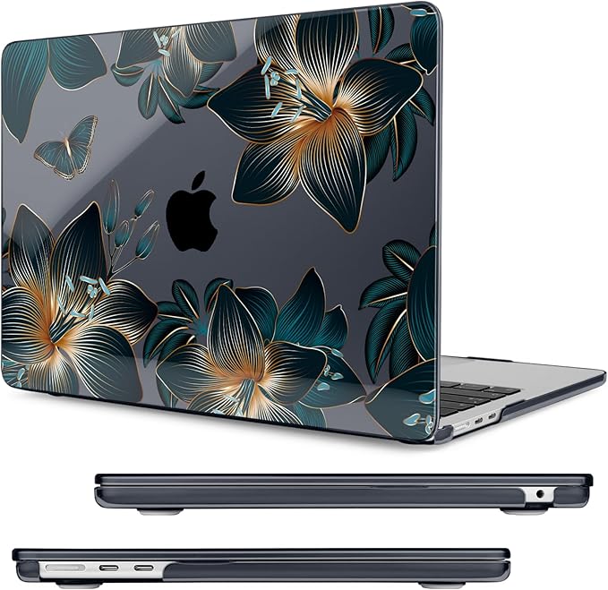 Compatible with MacBook Air 13.6 inch Case, M4 A3240/M3 A3113/M2 A2681 (Released 2025 to 2022), Hard Shell, Keyboard Cover, Screen Protector, Webcam Cover & Type-C Adapter, Golden Lilies