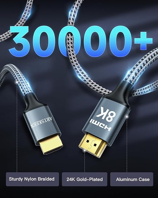 ARISKEEN 8K HDMI Cable 3FT 2-Pack, 48Gbps High Speed HDMI 2.1 Cable, 8K 60Hz, 4K 120Hz 144Hz Support for HDR 10, HDCP 2.2 2.3, eARC, DTS:X, Braided HDMI Cord Compatible with Laptop/HDTV - 3 Feet