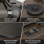 Vinyl Record Player Built in HiFi Stereo Speakers BT Wireless Input Belt Drive Iron Platter Turntables for Vinyls Records with MM Audio AT-3600L Cartridge Soft Warm Light Design Wooden Cream Brown