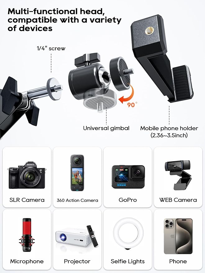 Overhead Camera Mount, 5lb Horizontal Load-Bearing, 360° Adjustable Stand for Desk, Flexible Arm Desk Mount, with Phone Clamp, Tabletop Mount for DSLR Camera/Webcam/Microphone（White