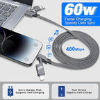 2Pack 4 in 1 USB C Cable for Lightning Cable [60W Fast Charging], 3FT Flat Braided USB C to USB C Charger Cord with L/Dual Type C/USB A Multi Port for iPhone 16 15 14 Pro Max/Samsung/i-Pad/Mac Book