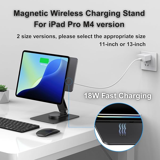 Magnetic iPad Pro M4 11-inch Stand with Wireless Charging 18W, 360° Rotating Aluminum Tablet Holder for iPad Pro M4 11-inch, Adjustable Desk Mount Series (M4-11inch)