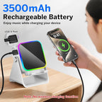 Wireless Induction Speaker 5-in-1 Bluetooth Speaker with Phone Stand,Stereo Sound, 3500mAh Rechargeable, 8 RGB Ambient Light, 360° Adjustable Holder for iPhone/Android/iPad,Gifts for Men Women (White)