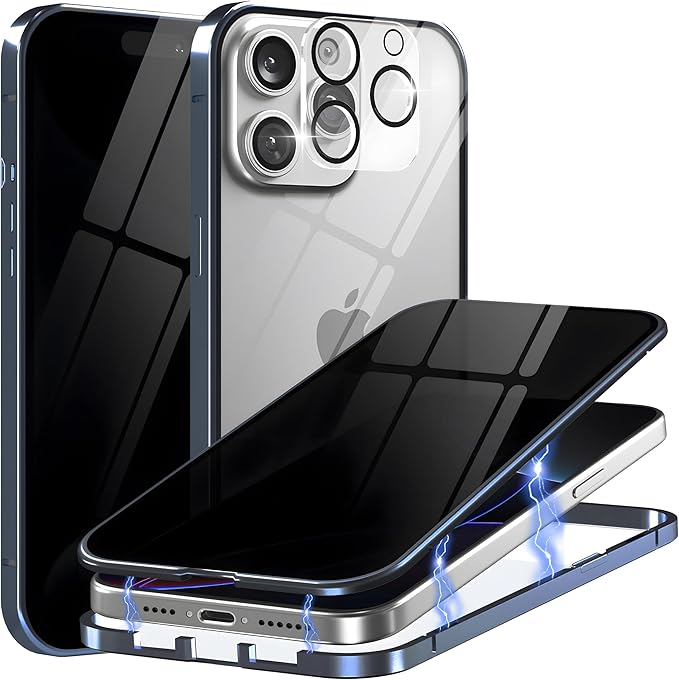 Privacy Magnetic Case for iPhone 16 Pro with Metal Titanium Frame Privacy Screen Protector & Camera Lens Protector, Magnetic Adsorption Double Sided Glass Case Anti Peep Anti Spy Phone Cover