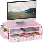 gianotter Wood Monitor Stand Riser, Desk Organizer with Drawer and 2 Pen Holders, 2-Tier Workspace Organizer for Office Supplies(Pink Wood)