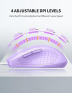 TECKNET Wired Mouse, 6-Button Corded with 4 Adjustable DPI, Optical Ergonomic Design, 5FT Cord for Laptop, Chromebook, PC, Desktop, Mac, Notebook - LT.Purple