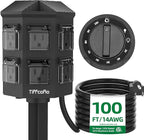 TiFFCOFiO Outdoor Power Strip Timer, Dusk to Dawn Light Sensor Countdown, 100 Feet Extension Cord Waterproof, 6 Grounded Outlets for Halloween and Christmas Decorations, ETL Listed (100 FT)
