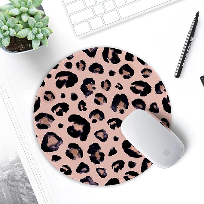ITNRSIIET Round Mouse Pad with Stitched Edge Premium-Textured Waterproof Non-Slip Rubber Base Desktop Protection Mat Diameter 8.7 inches, Leopard Black Purple