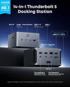 Anker Prime TB5 Docking Station, 14-in-1 Thunderbolt 5 Dock with 120Gbps Max Transfer, Thunderbolt Dock with 140W Max Charging, Cooling System, Ambient Lighting, Up to 8K for TBT 5/4 Laptops