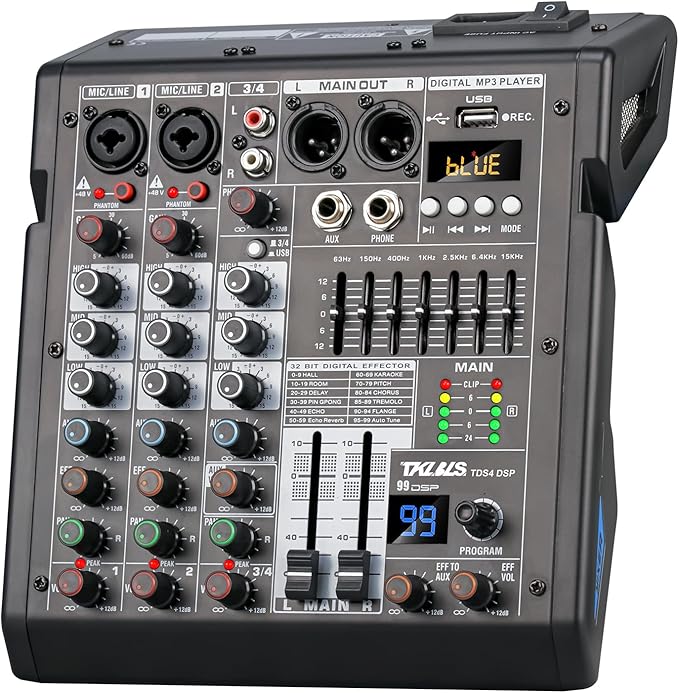 Audio Mixer, 4 Channel Sound Board Mixing Console with 99-Bit DSP, 7-Band Eq Output, Digital MP3 Computer Input, Professional DJ Mixer Board with 48V Phantom Power Stereofor Recording Live