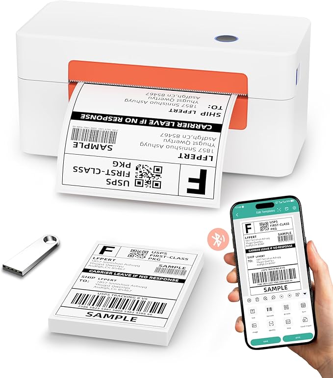 Bluetooth Thermal Label Printer, Wireless 4x6 Shipping Label Printer for Small Business & Shipping Package Compatible with Android, iOS, Windows & Mac, Used for Amazon, Ebay, Shopify, USPS Etc