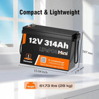 12V 314Ah (300Ah) LiFePO4 Lithium Mini Battery, Max. 4019Wh Energy, 15000+ Deep Cycles, 100A BMS Lithium Iron Phosphate Rechargeable Battery Great for RV, Marine and Off Grid Applications