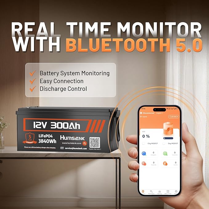 12V 300Ah LiFePO4 Lithium Battery with Bluetooth APP Monitoring, Max. 3840Wh, 15000+ Deep Cycles, 100A BMS, Low-Temp Cutoff – for RV, Solar, Marine, Off-Grid, Home Energy Storage