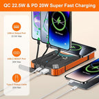 ERRBBIC Solar Charger Power Bank 49800mAh, 22.5W Portable Charger, 15W Wireless Charging, Solar Panel Charger, Built-in Four Cable, with USB C for Cell Phones, with Dual Flashlight for Camping