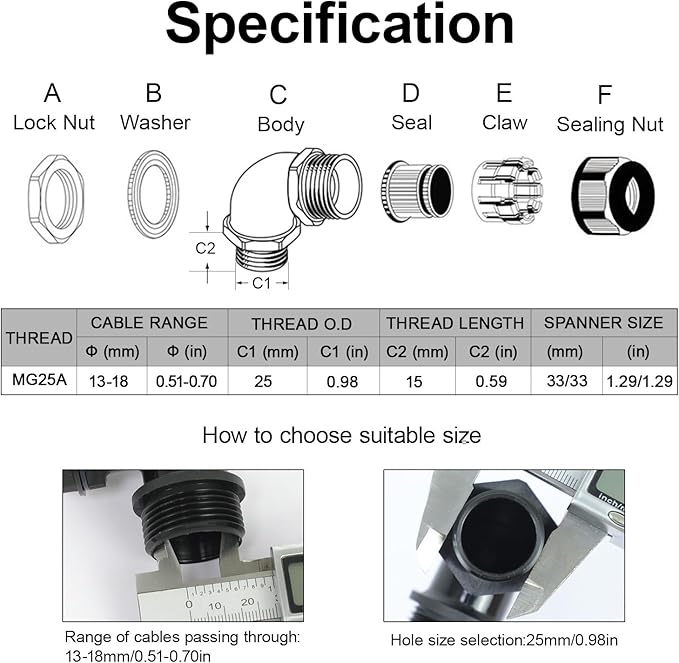 LeMotech M25 Cable Gland, 90 Degree Adjustable 13-18mm Strain Relief, Cord Connectors Nylon Joints with Gaskets, 2 Pcs, Grey