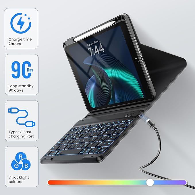 OYEEICE Keyboard Case for iPad 9th Generation- Detachable Wireless Backlit Keyboard, Upgraded Magnetic Cover with Pencil Holder for iPad 9th/8th/7th Gen 10.2 inch, iPad Pro 10.5" & iPad Air 3rd- Black