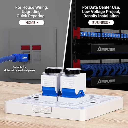 AMPCOM CAT6 RJ45 Keystone Jack - Reusable UTP Ethernet Wall Jack with Adjustable Ratchet Lock Design, No Tool and Zip Tie Required - 50u Gold Plated - Blue (12-Pack)