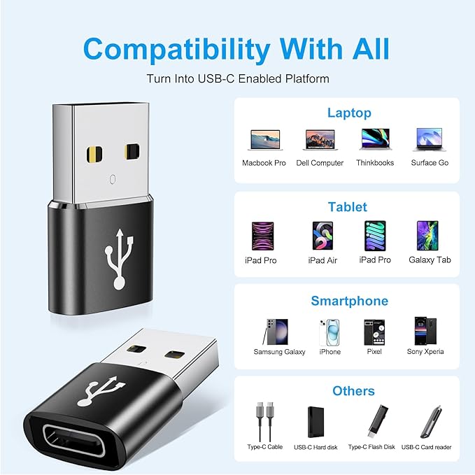 USB to USB C Adapter 10 Pack,USBC to USB Adapter,USB Type C Male Female Adaptor,USBC Converter for iPhone 16 15 14,MacBook Pro,iPad,Car Charger,Black
